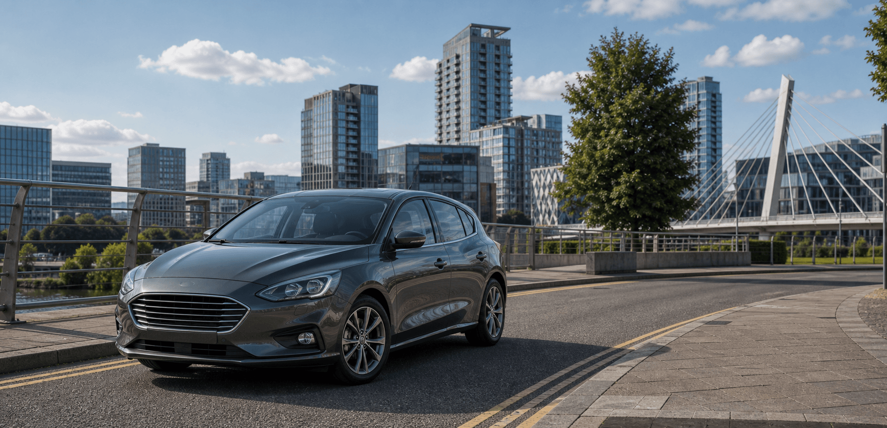 Compact hire car ready for practical travel around Trafford Park