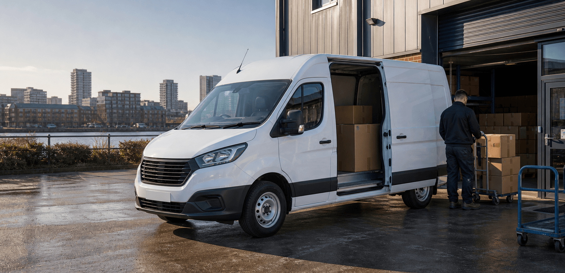 Modern self-drive rental van ready for loading in Salford